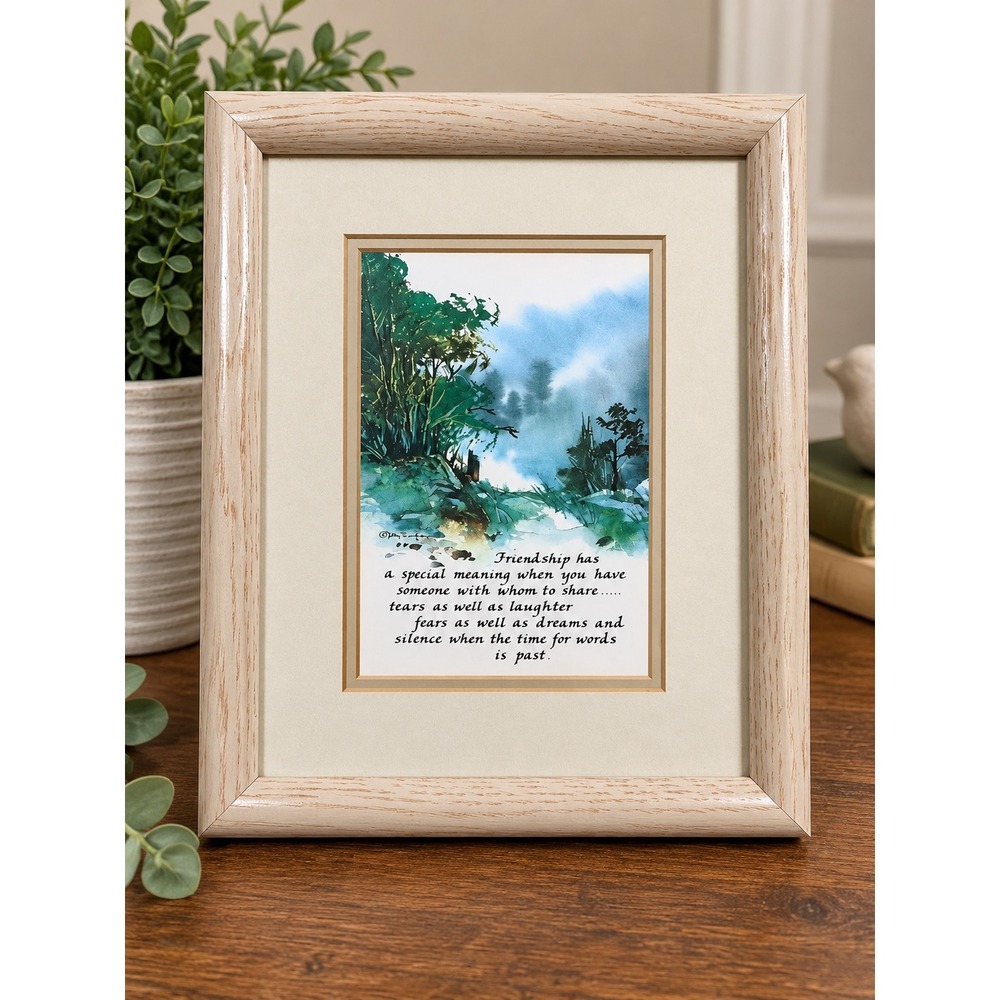 Katy Fischer Signed Friendship Poem Watercolor Print Framed Oak Wood 8.5x10.5